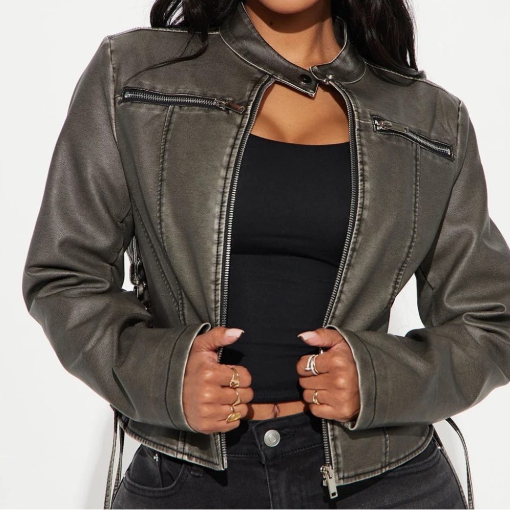 Leona Faux Leather Lace Up Jacket - Black